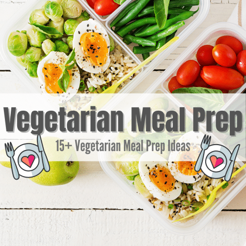 Text Overlay: Vegetarian Meal Prep This is over a white background with two clear meal prep containers filled with soft boiled eggs with pepper, brussels, green beans and tomatoes