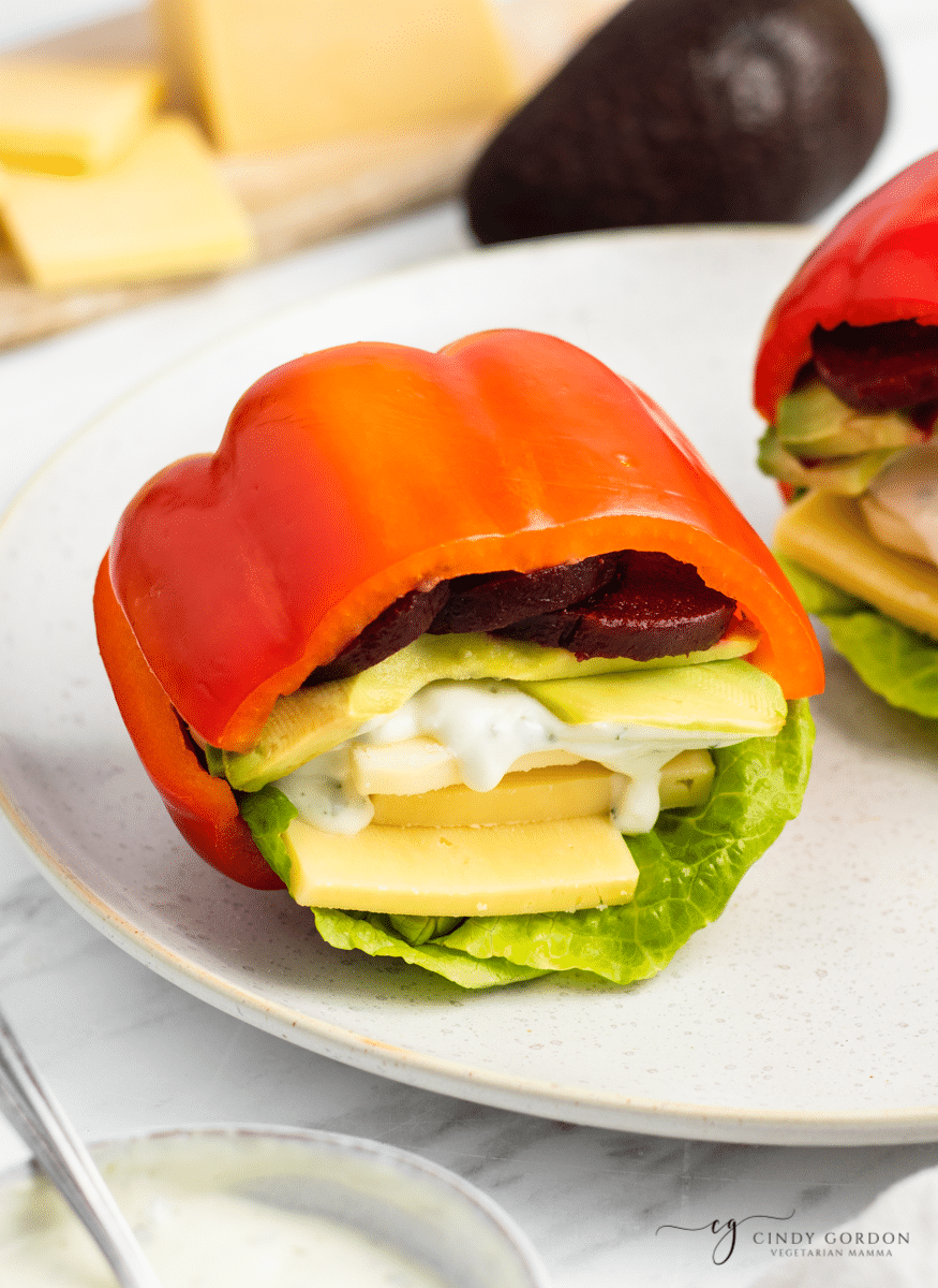 extreme close up of red pepper bell sandwich stuffed with yellow and white cheese, green lettuce, red beetroot and white sauce on white plate