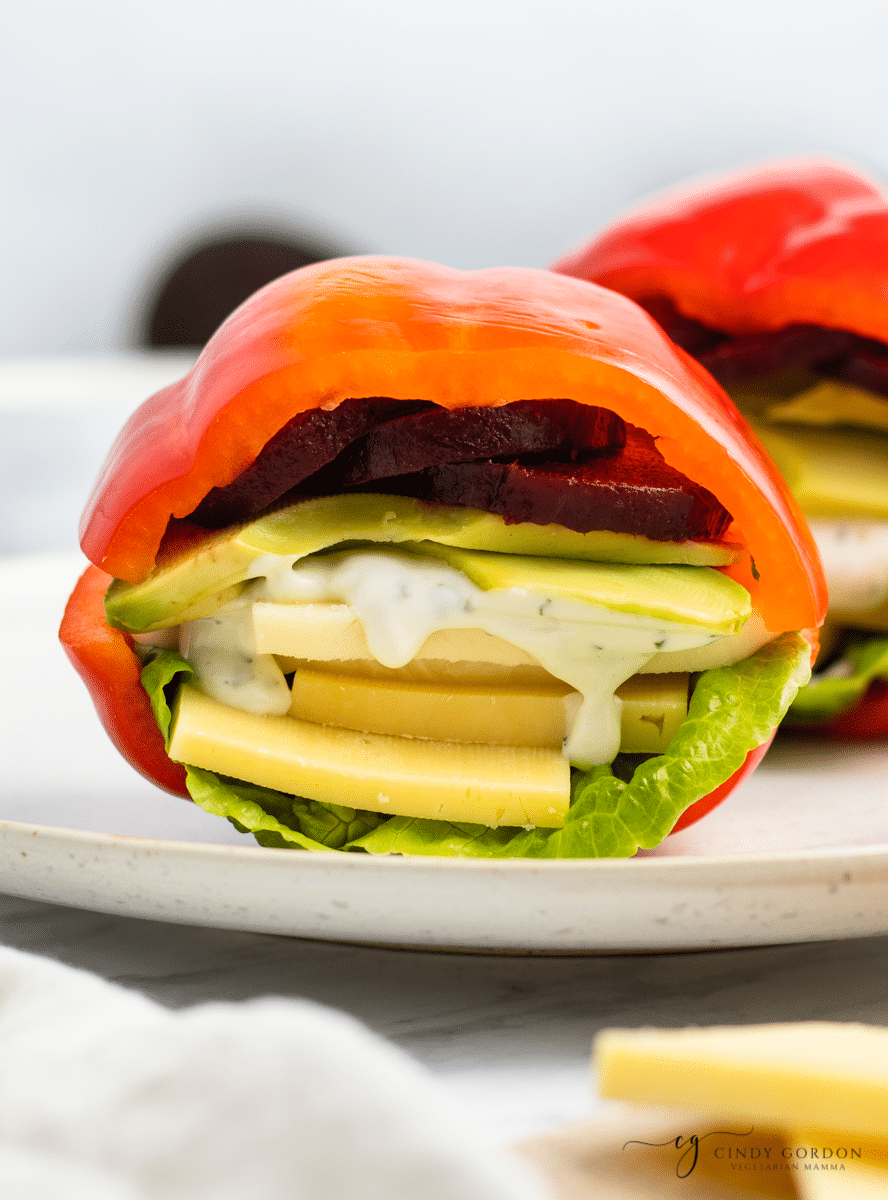 extreme close up of red pepper bell sandwich stuffed with yellow and white cheese, green lettuce, red beetroot and white sauce on white place