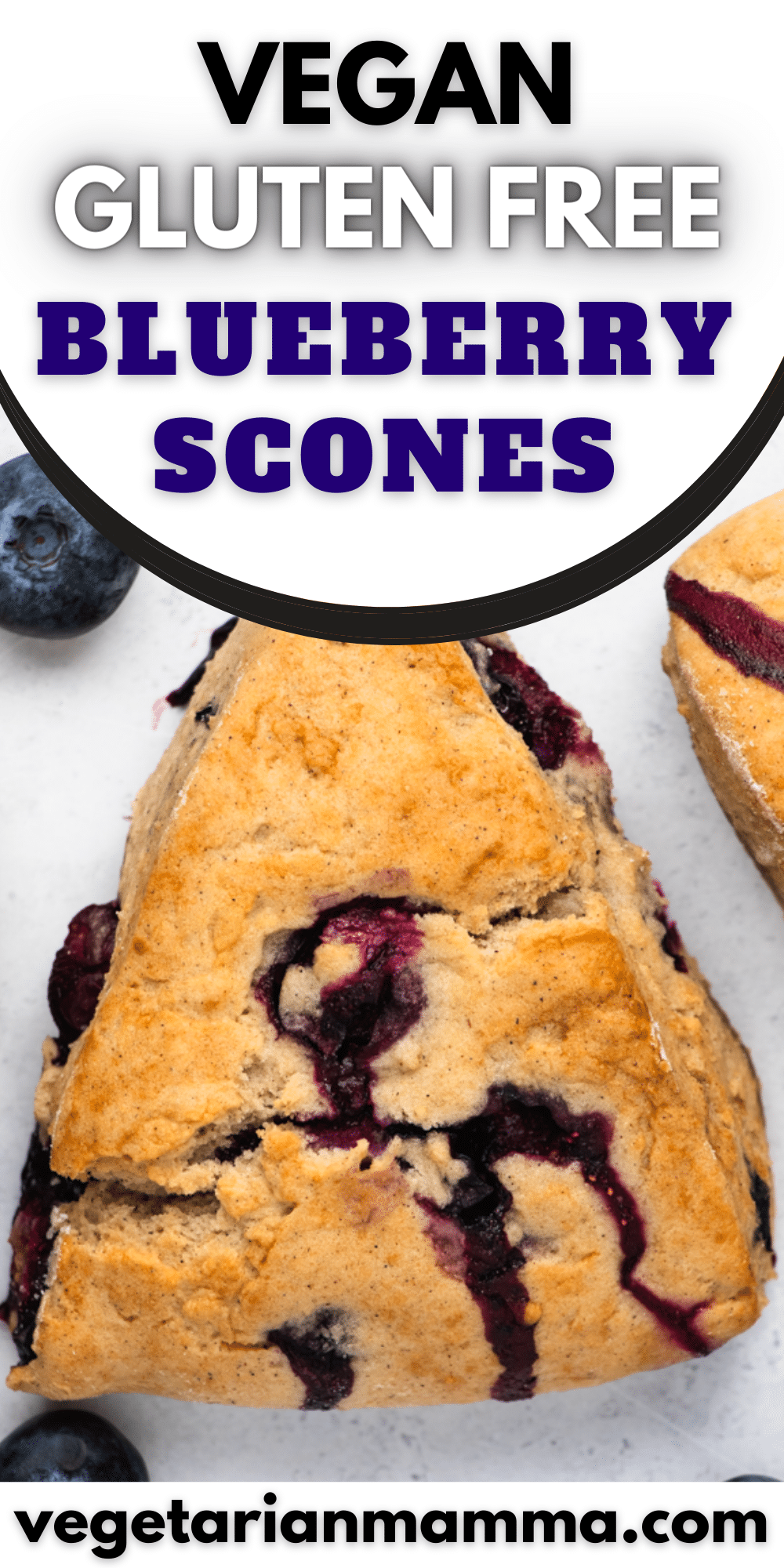 a triangular blueberry scone with text at the top of the image 