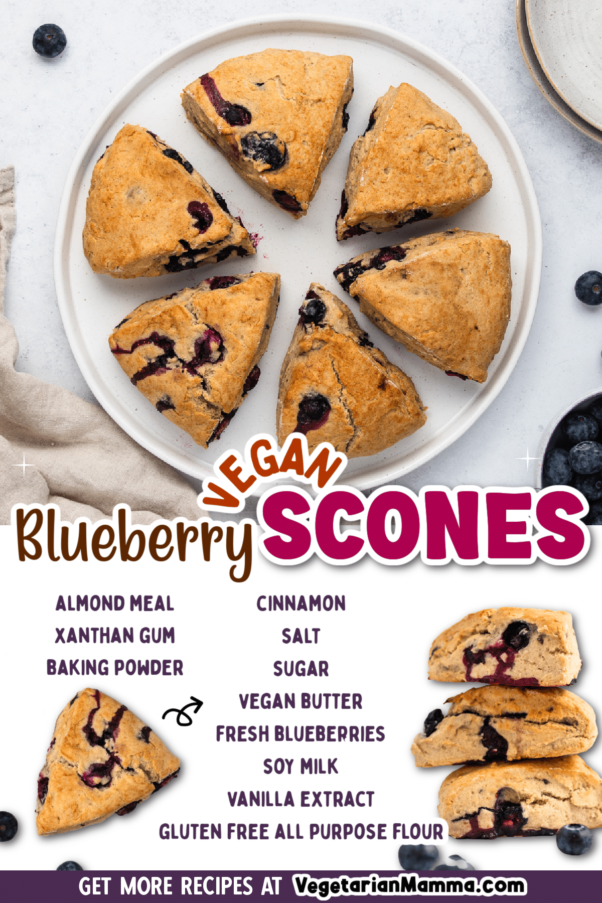 The easiest recipe for making Vegan Blueberry scones from scratch! You'll love the pops of fresh blueberries in this simple vanilla and cinnamon scone dough.