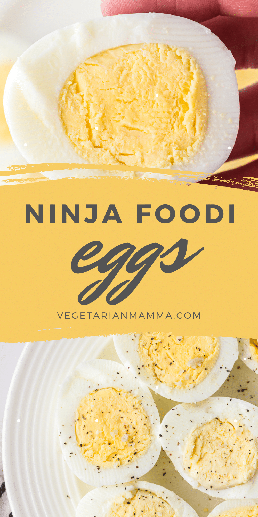 image of a plate of hard boiled eggs with salt and pepper with text overlay stating Ninja Foodi hard boiled eggs