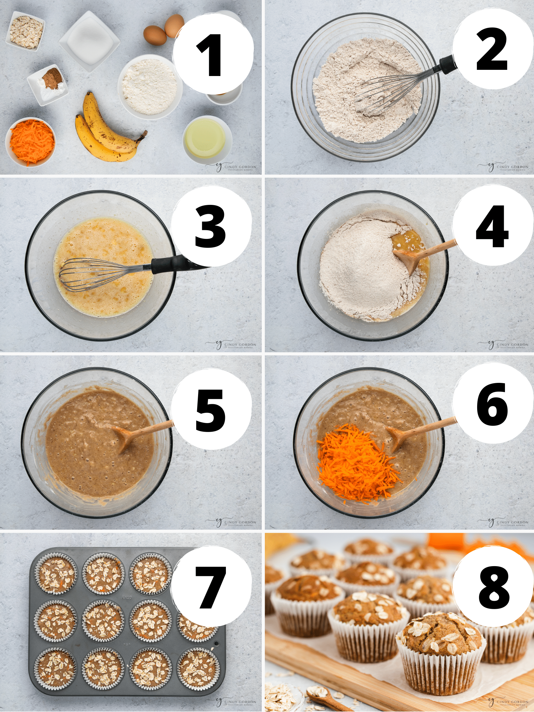 9 picture collage of step by step directions for making banana carrot muffins.