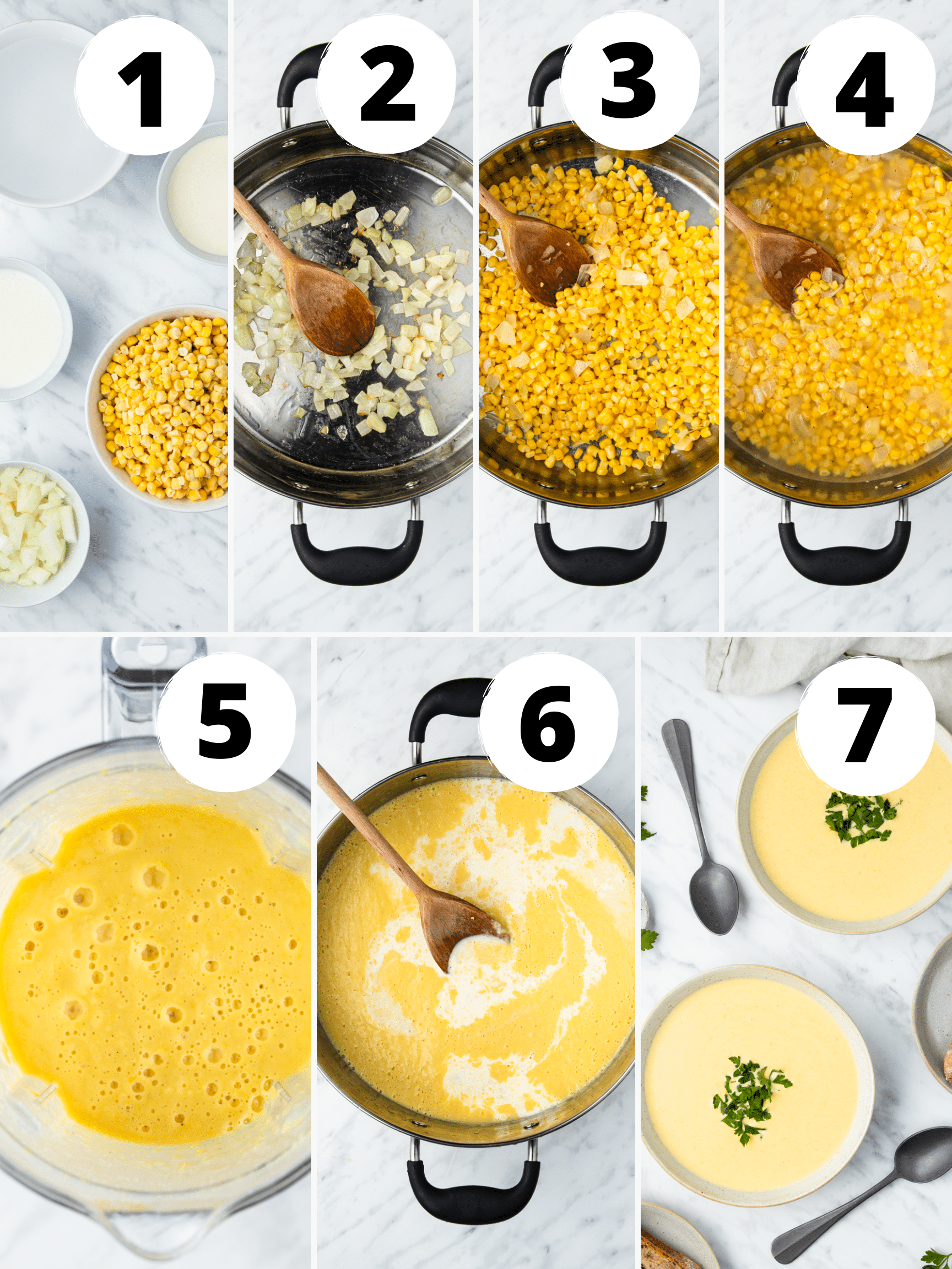 Photo Collage showing 7 steps needed to make corn potage