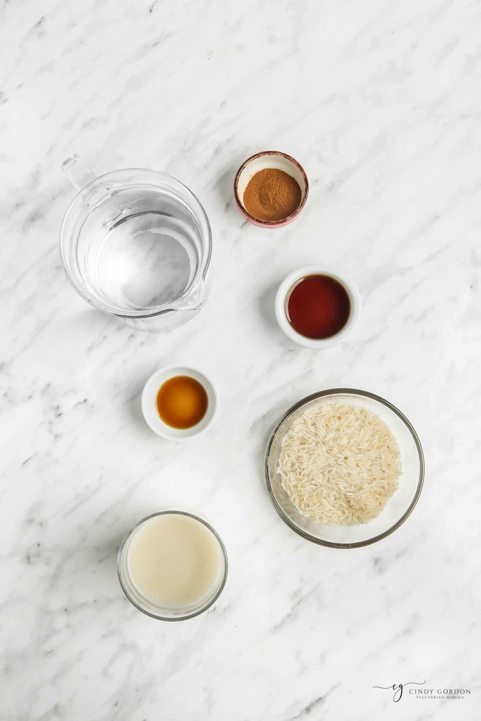 the six simple ingredients for making vegan horchata, measured into small bowls and shot from above.
