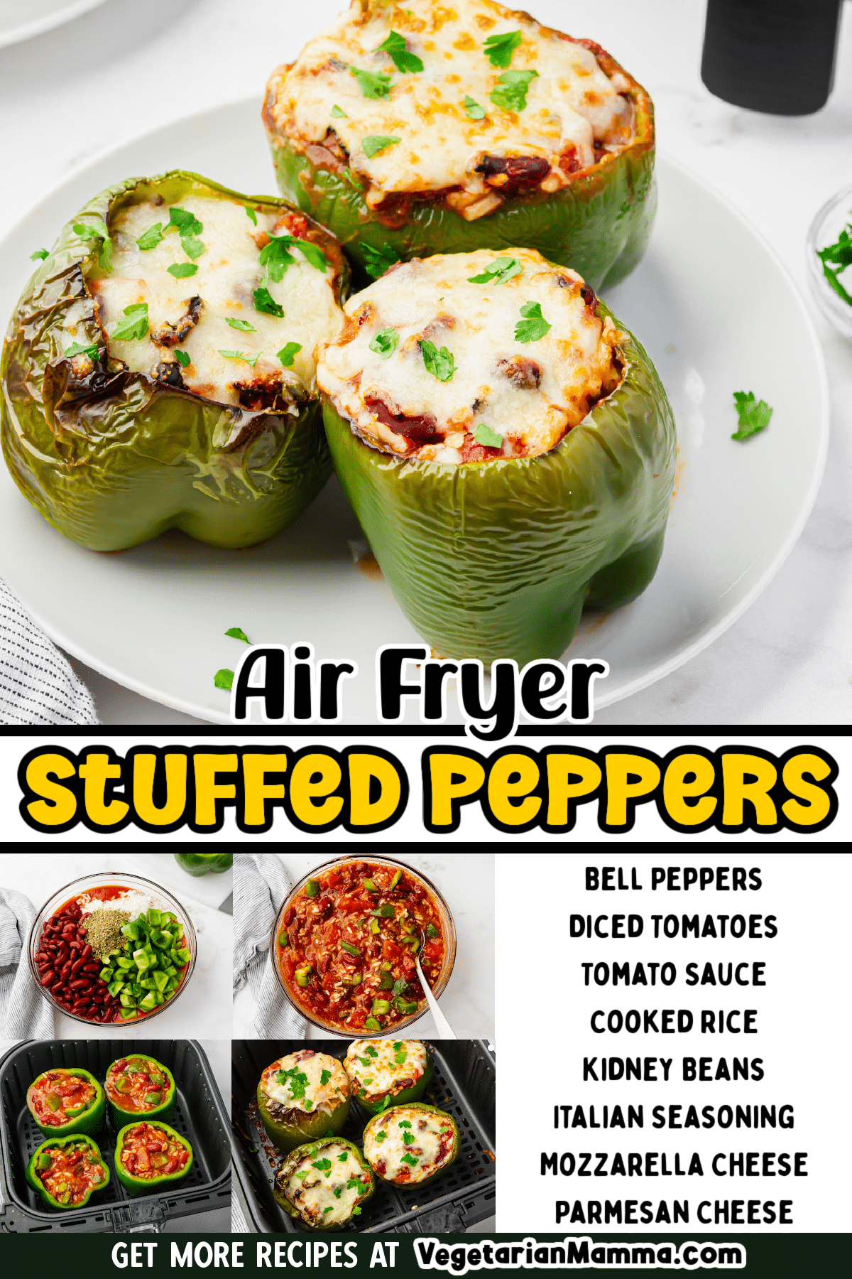 three stuffed peppers and a quick overview of the recipe.