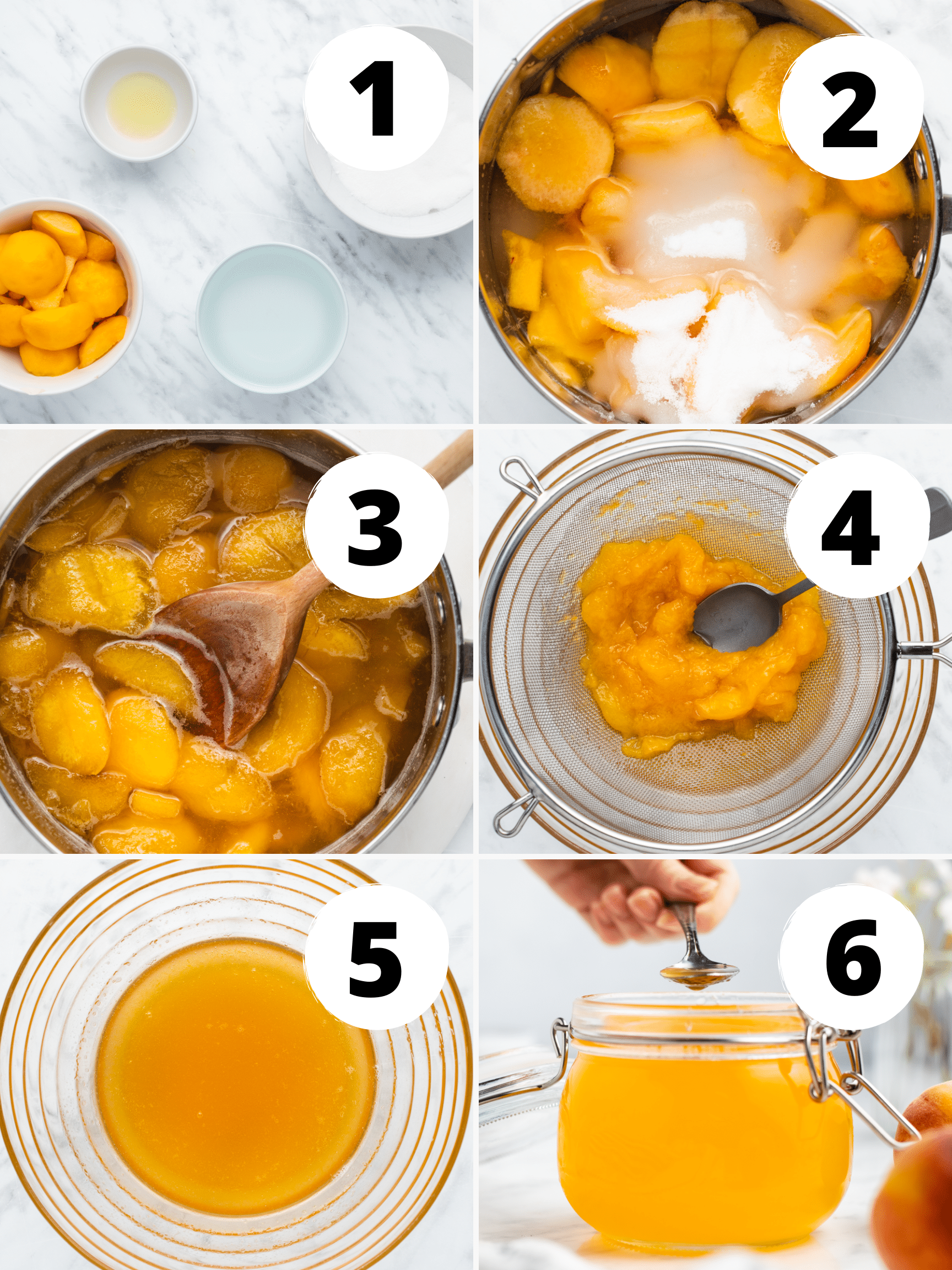 a photo collage showing six steps needed to make peach simple sryup