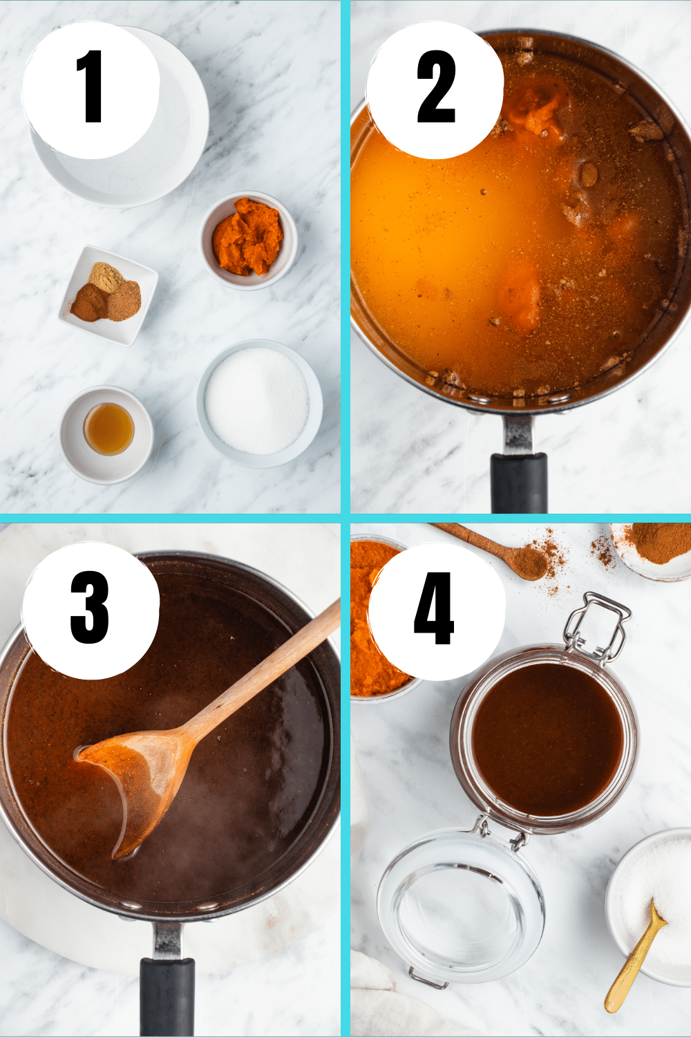 4 picture collage for making sugar free pumpkin spice syrup