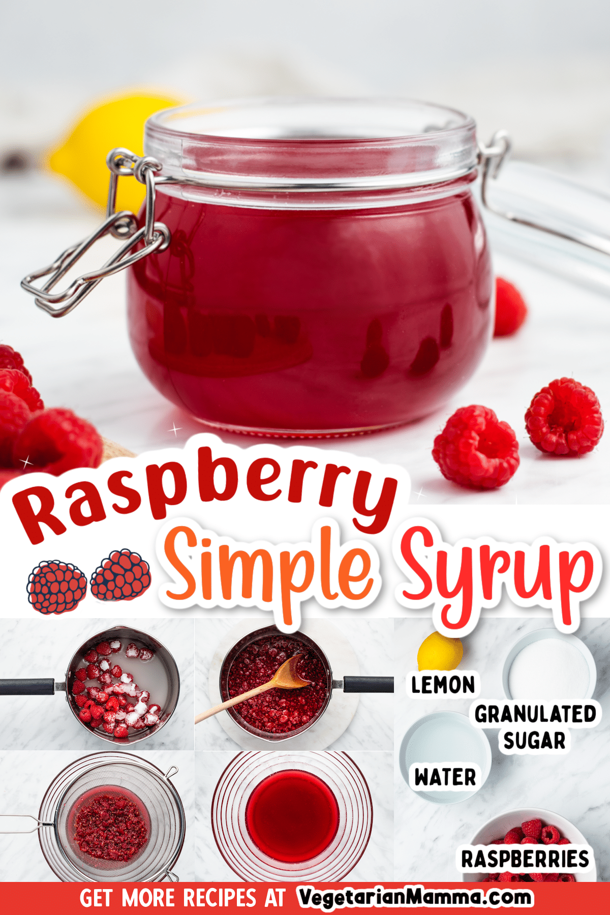 Homemade Raspberry Simple Syrup is made with 4 simple ingredients, and ready in just a few minutes. Pour it over ice cream or add it to ice tea, lemonade, or your favorite cocktails!