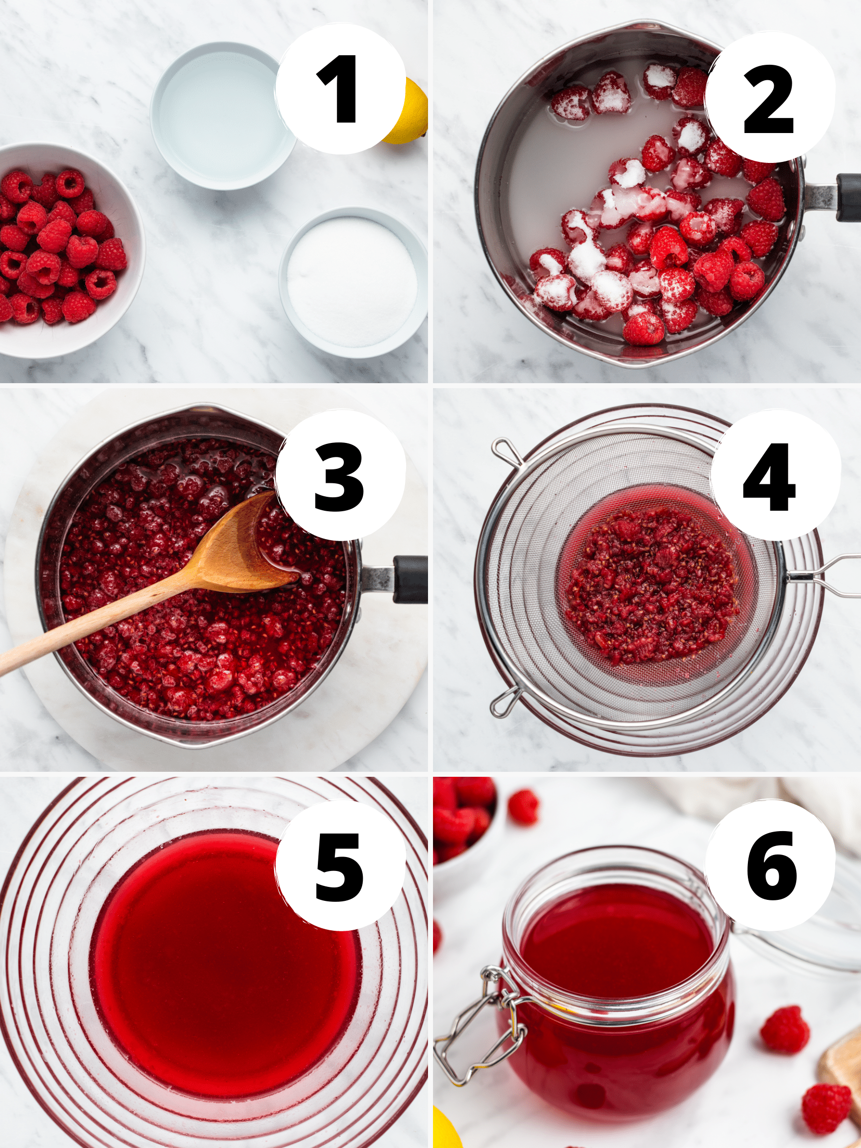 a photo collage showing six steps needed to make raspberry simple syrup