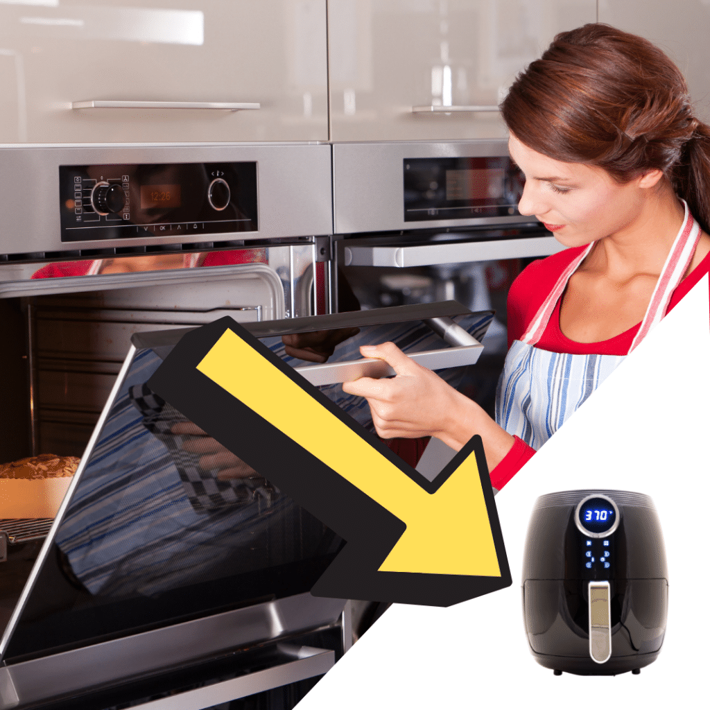 lady looking into oven with an open door yellow arrow pointing to air fryer