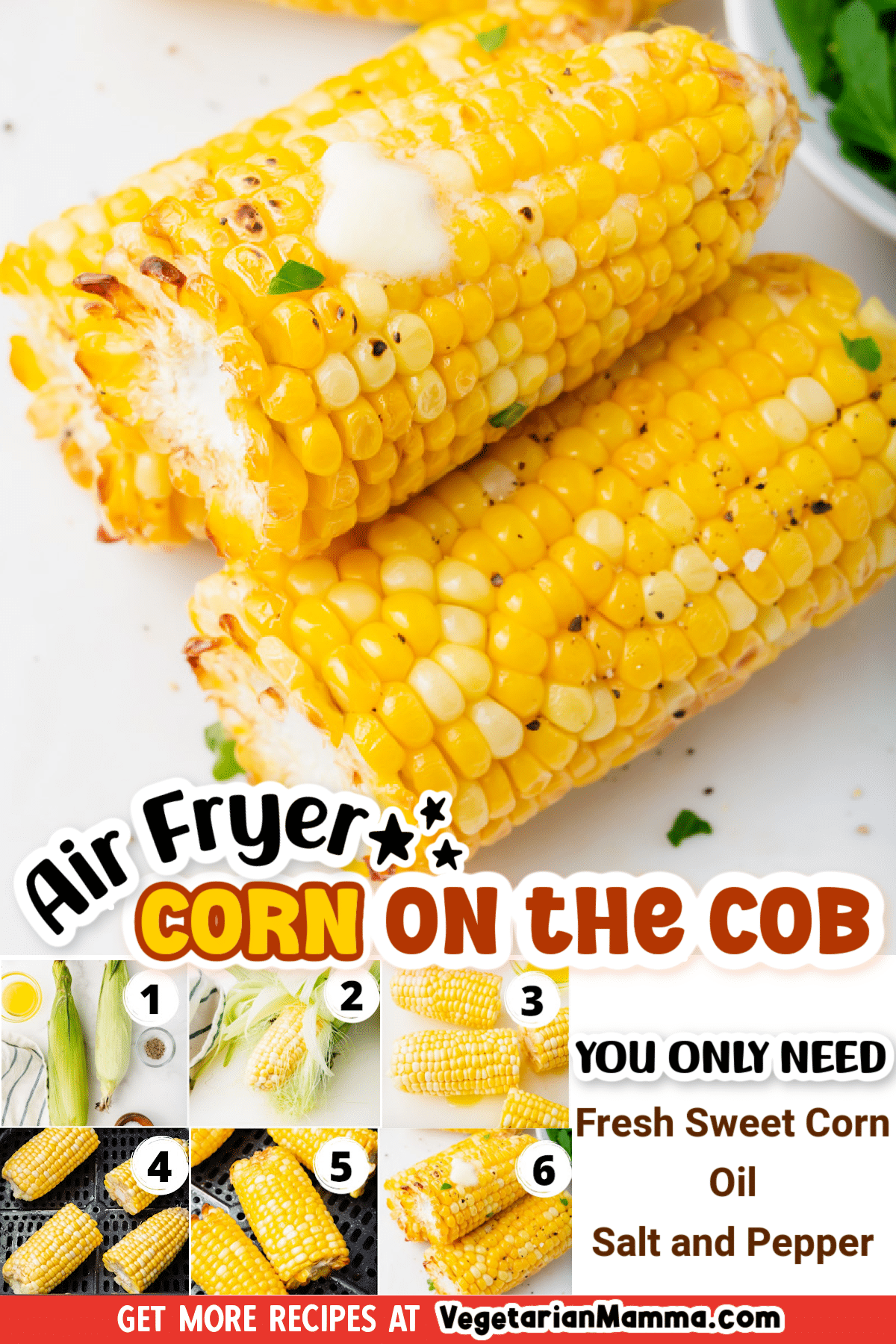 Air fryer corn on the cob is the quickest and most delicious airfryer recipe to date. The airfryer quickly roasts the sweet corn, fresh or frozen, into an irresistible side dish! You are going to love this air fried corn on the cob! #cornonthecob #corn #airfryer