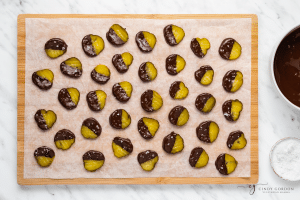 green pickle circles with half pickle showing, other half dipped into dark brown chocolate with white sea salt flakes