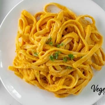 Large white bowl of Fettuccine pumpkin pasta