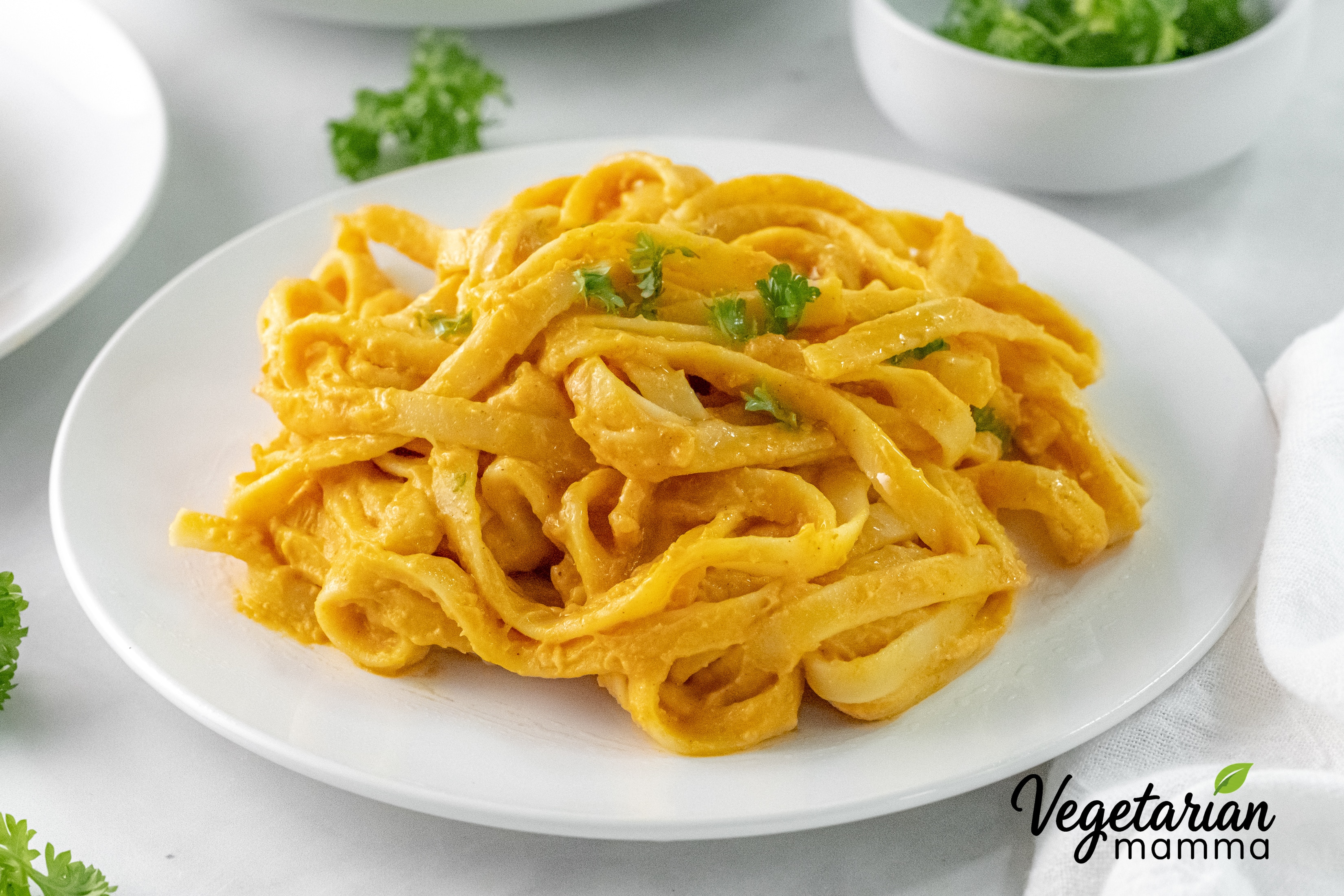 Creamy pumpkin pasta made with gluten-free fettuccine
