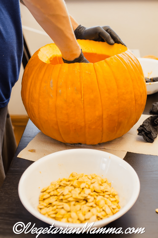 Air Fryer Pumpkin Seeds - removing seeds from pumpkin