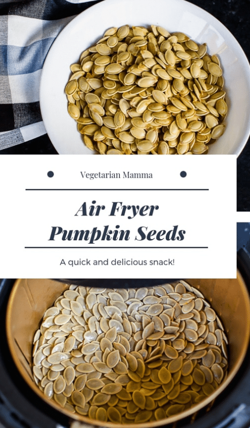 a bowl of roasted pumpkin seeds on a checkered towel.