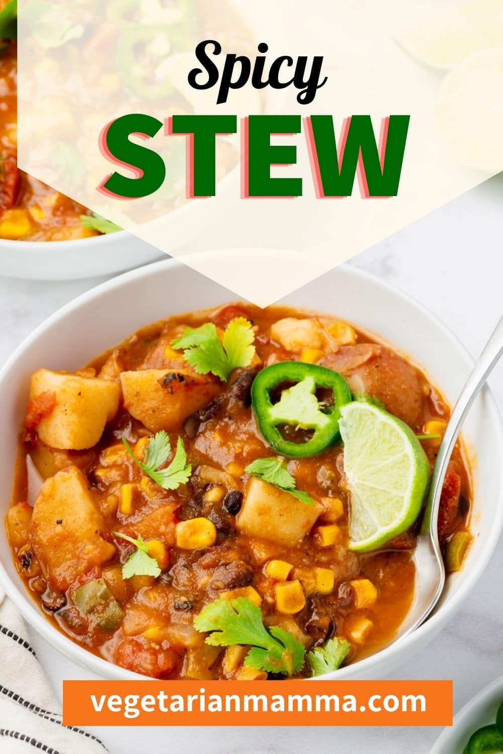 Spicy Stew will warm you up with flavor, spice and hearty ingredients. This spicy stew is simple to make and you will be begging for a second bowl! Adjust the heat of this spicy stew with adding or subtracting jalapeno peppers. | spicy stew | vegan stew | vegetarian stew | gluten free stew