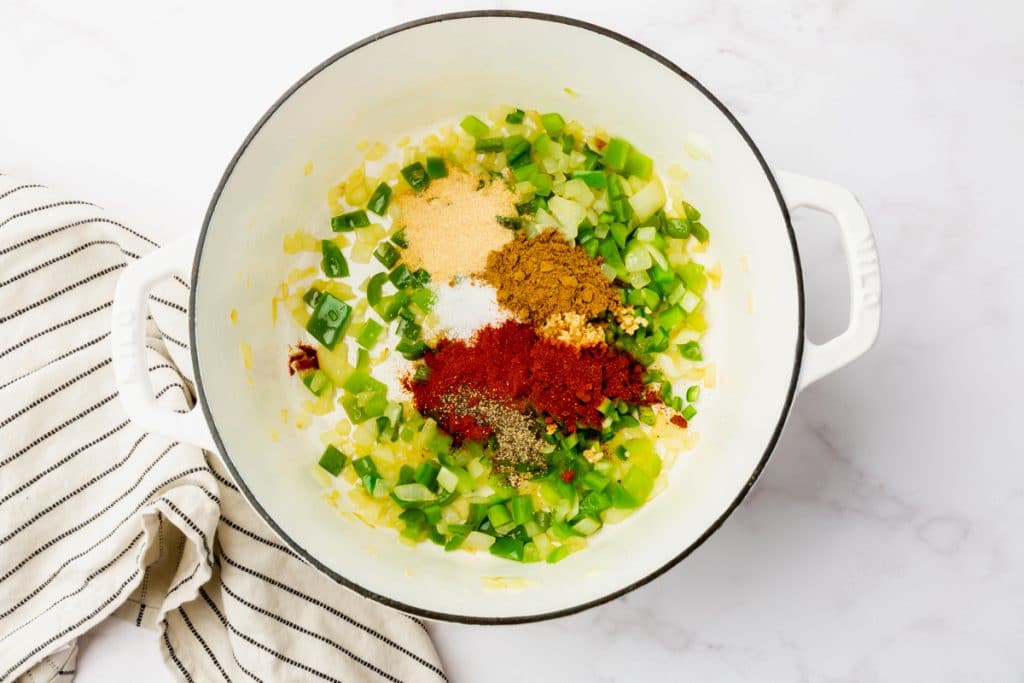 finely diced jalapeño, minced garlic, salt, garlic powder, cumin, chili powder, paprika, black pepper and cayenne pepper