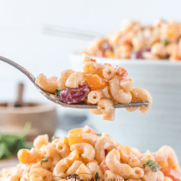 creamy macaroni salad with red, purple and green vegetables in it in a blue bowl