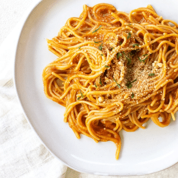 red and orange sauce on long spaghetti noodles on a white plate
