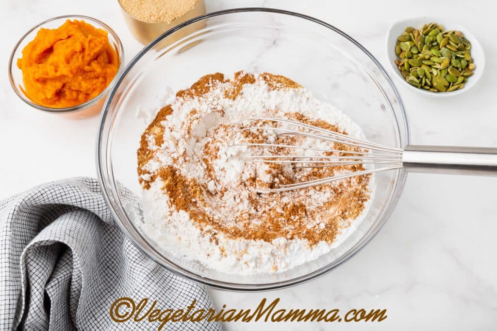 In a large bowl, whisk together gluten-free flour blend, xanthan gum if needed, baking powder, baking soda, cinnamon, nutmeg, ginger, cloves, and salt. Set aside.