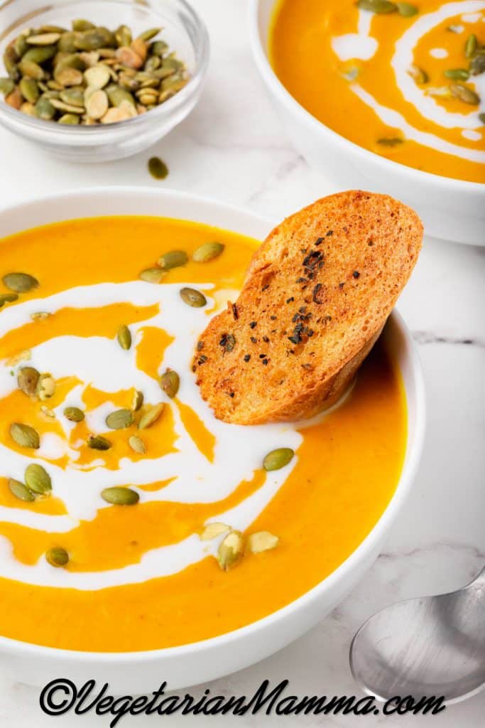 To serve, drizzle with additional coconut milk and sprinkle with salted pepitas. Serve with toasted gluten-free baguette slices.