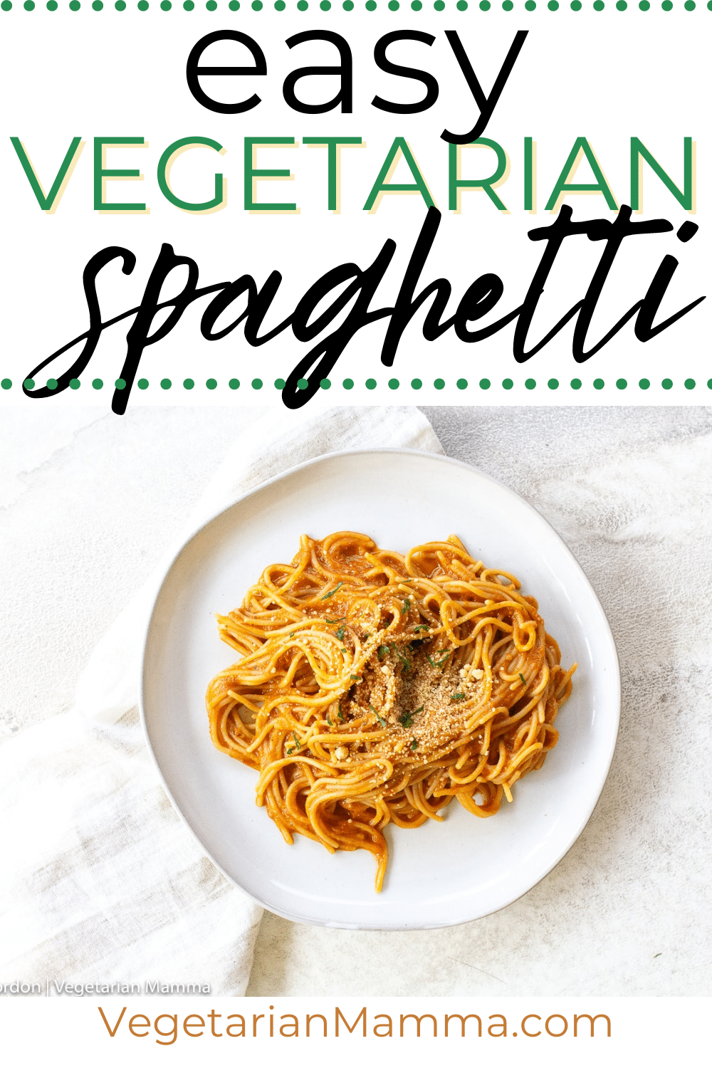 red and orange sauce on long spaghetti noodles on a white plate with text overlay easy vegetarian spaghetti