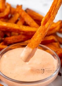 bright orange cooked sweet potato fries and pale orange dipping sauce