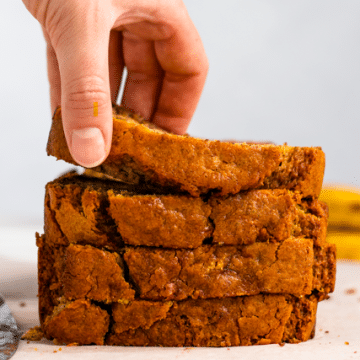 stack of sliced banana bread.