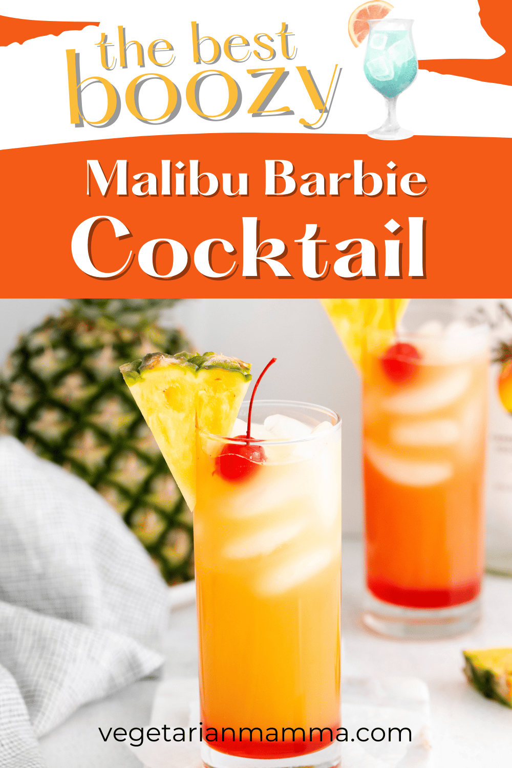 This Malibu Barbie Drink has a classic beachy flavor, thanks to coconut rum. Paired with some pineapple juice and grenadine for some sweetness, this Malibu Barbie Drink will quickly become your favorite cocktail! | cocktail recipe | drink recipe | Malibu drink recipe