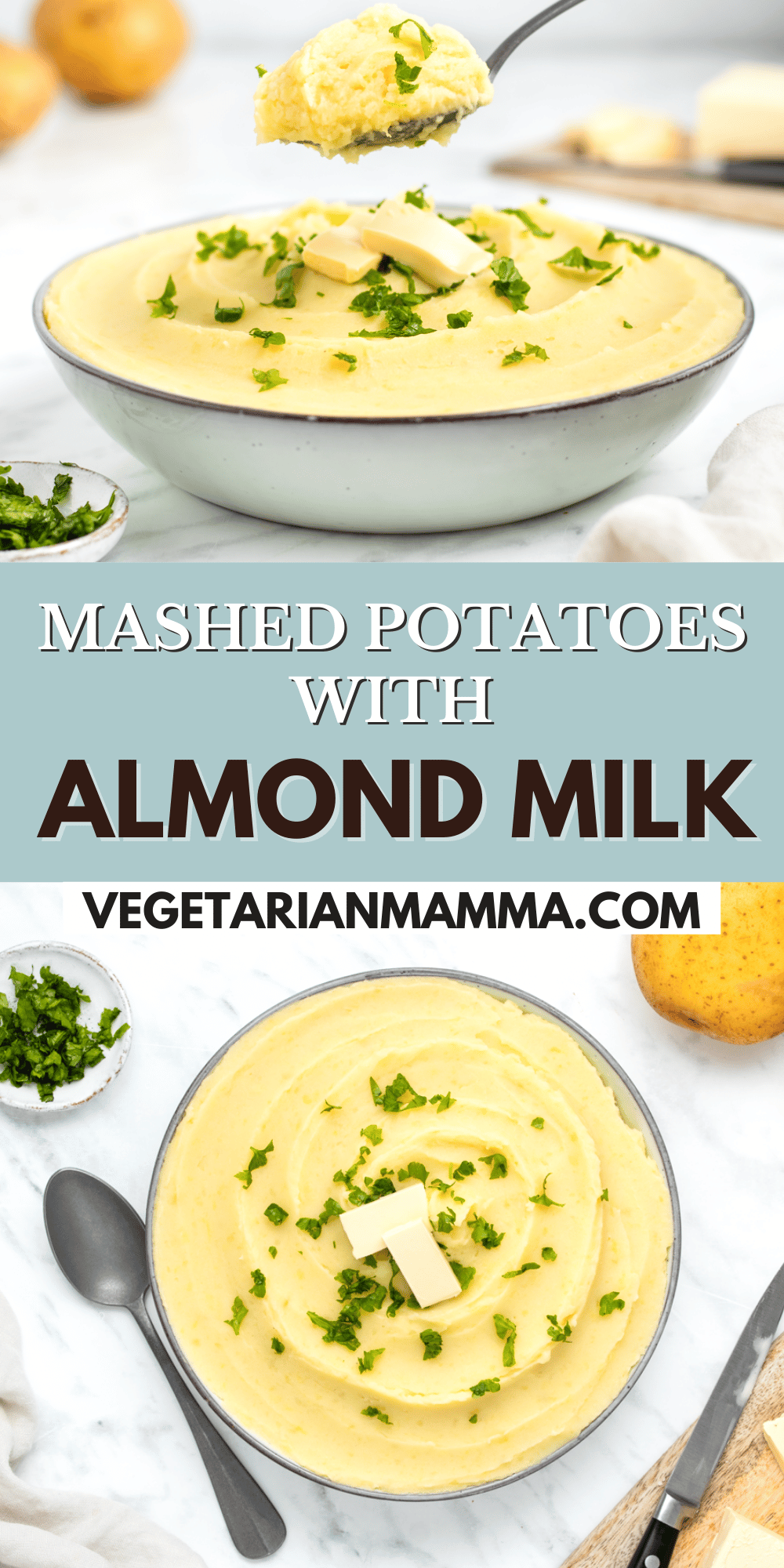 These Mashed Potatoes with Almond Milk are rich, creamy and flavorful! These comforting vegan mashed potatoes are foolproof!  | vegan mashed potato recipe | dairy free mashed potatoes
