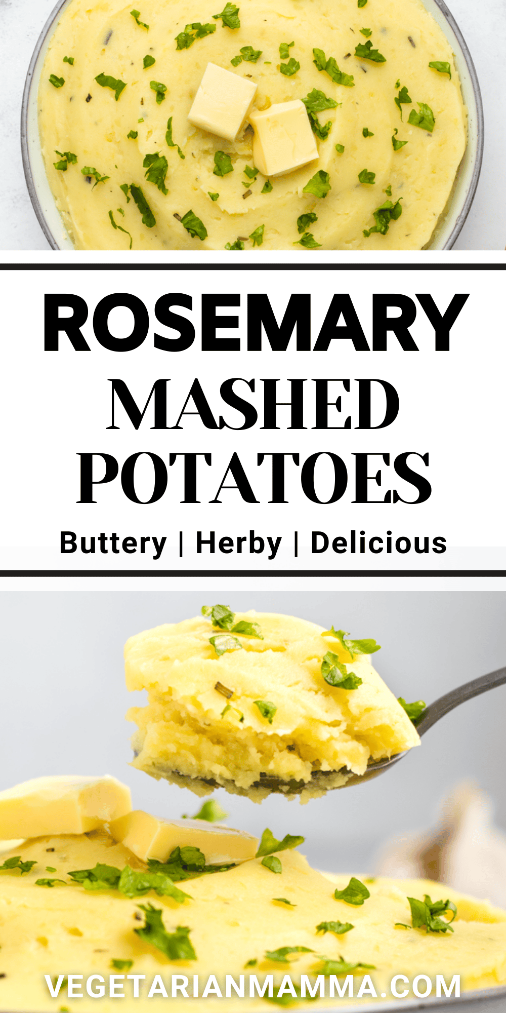 These rosemary mashed potatoes are super fluffy and packed full of flavor! The addition of fresh rosemary adds just the perfect level of flavor to this side dish! | mashed potato recipe | holiday mashed potatoes | holiday side dish | rosemary mashed potatoes