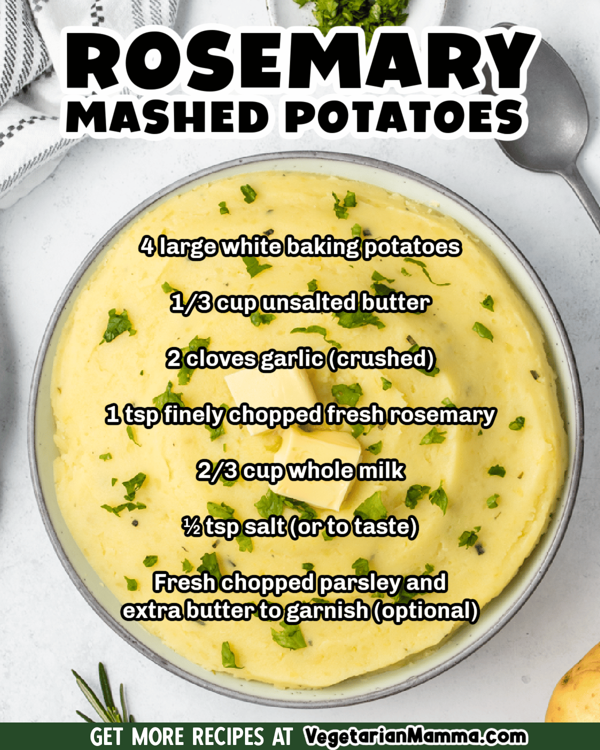 These rosemary mashed potatoes are super fluffy and packed full of flavor! The addition of fresh rosemary adds just the perfect level of flavor to this side dish! | mashed potato recipe | holiday mashed potatoes | holiday side dish | rosemary mashed potatoes