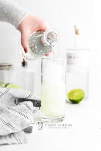 Gin Mojito in a tall clear glass with ice cubes, clear liquid, mint garnish and lime garnish - clear liquid being poured into glass