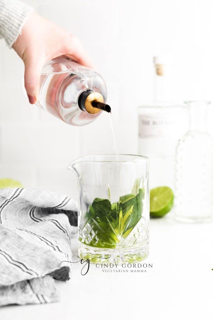Gin Mojito in a tall clear glass with ice cubes, clear liquid, mint garnish and lime garnish - gin being poured into glass