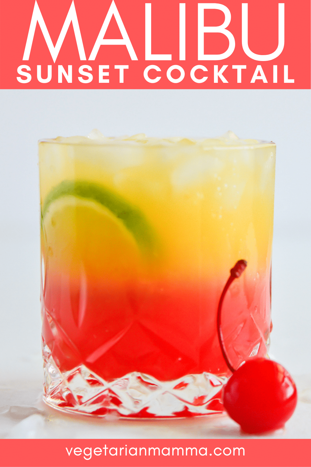 Malibu Sunset is a refreshing, delicious, and beautiful cocktail that is super easy to make! It is the perfect fruity, tropical drink for any time of year.