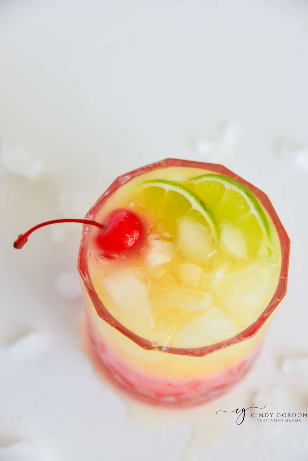 malibu sunrise drink in a rocks glass, viewed from above