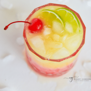 malibu sunrise drink in a rocks glass, viewed from above