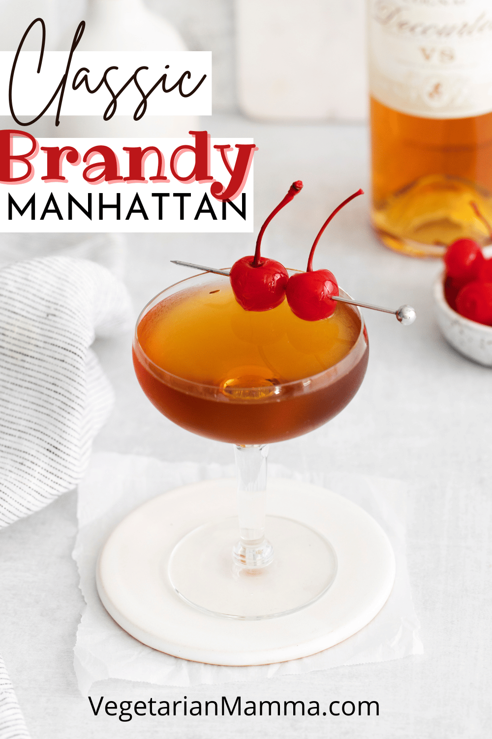 We’re switching up a classic manhattan and adding a bit of sweetness by using brandy instead of whiskey. This Brandy Manhattan cocktail has a complex flavor with a hint of fruitiness from the vermouth and herbaceousness from the bitters.