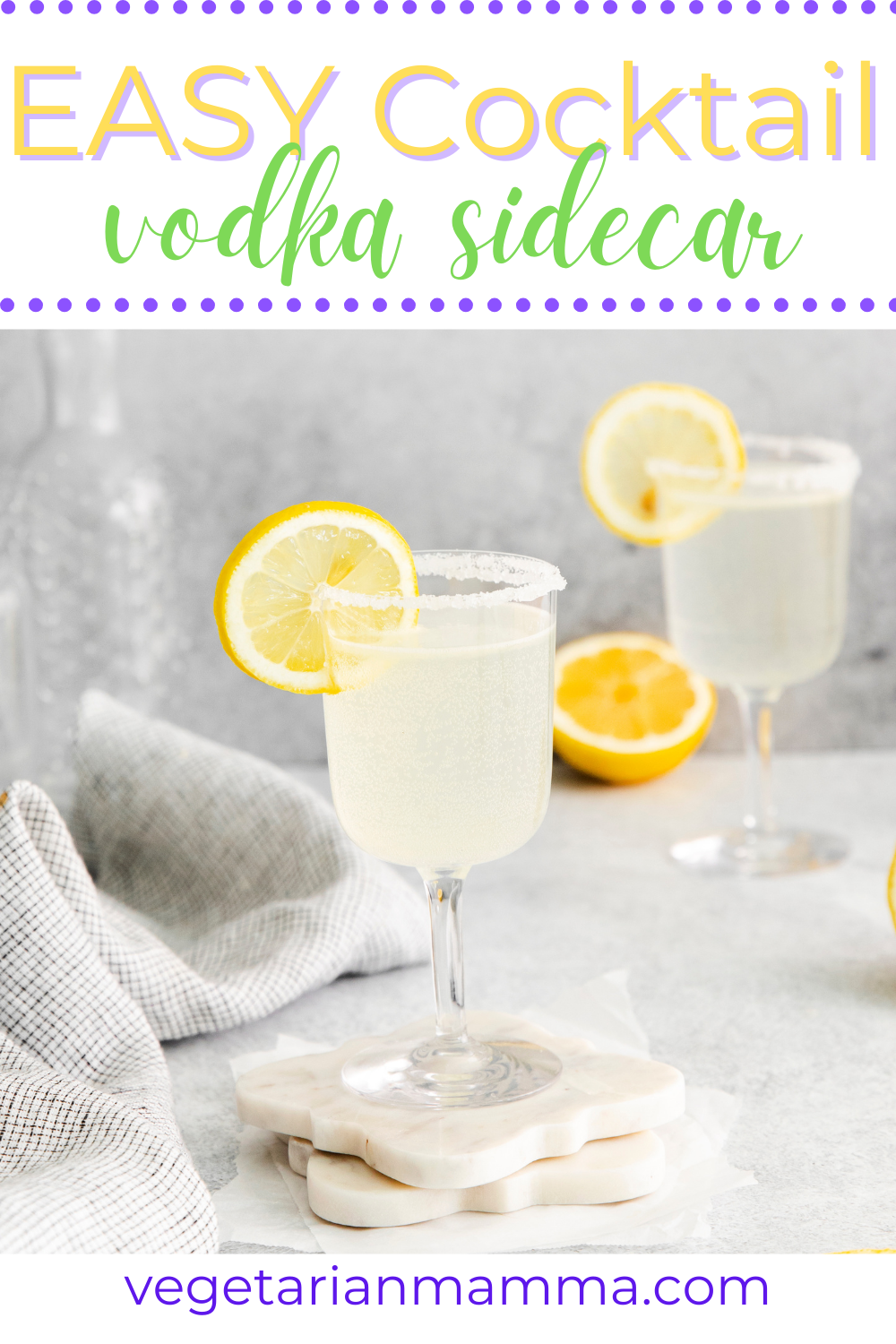 This vodka sidecar is bright and refreshing with a strong citrus flavor and a hint of sweetness from the sugar rim. Be careful–this drink packs a punch!