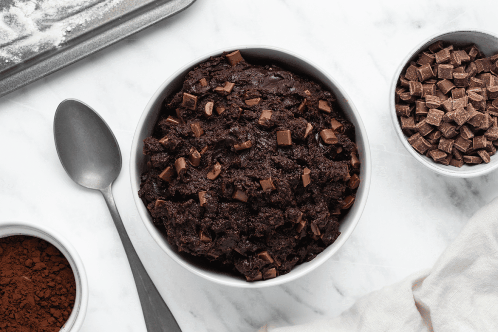 a bowl of edible brownie batter, viewed from above