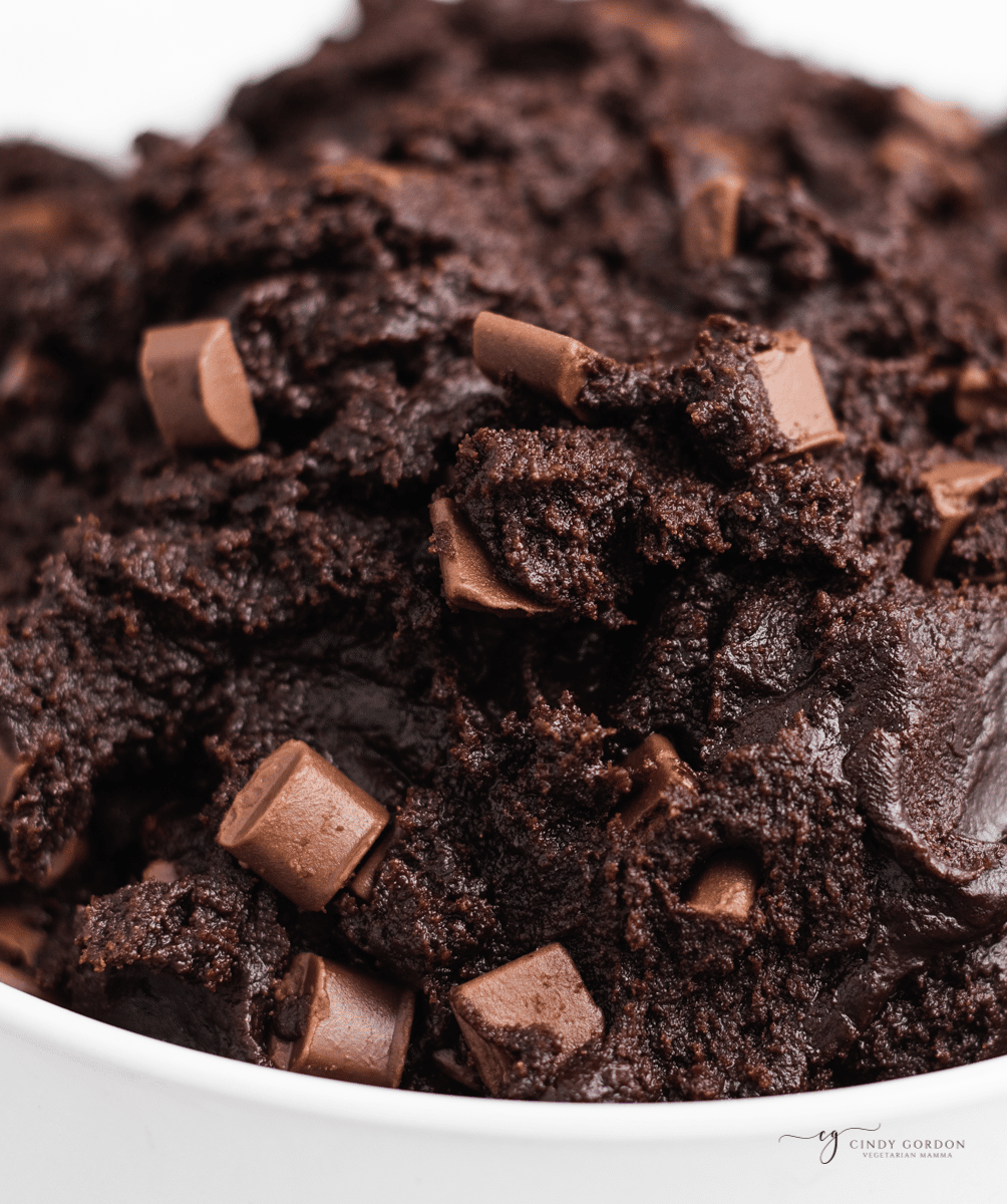 closeup image of edible brownie batter with chocolate chunks