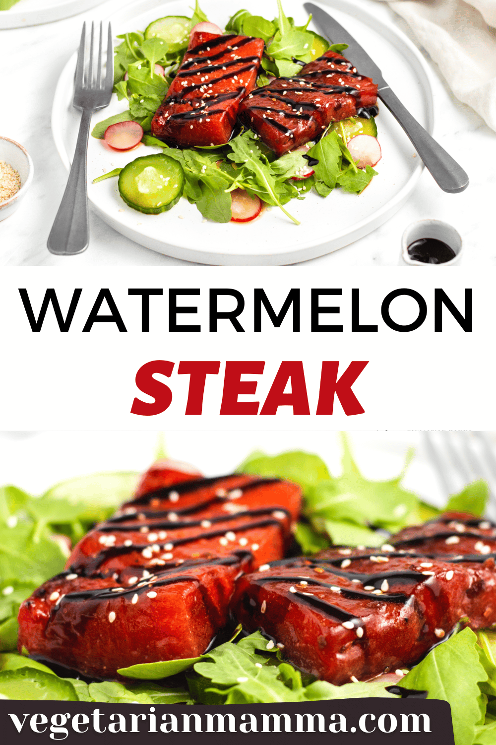 Pan seared Watermelon Steak is a delicious and completely gorgeous vegan meal. Fresh watermelon slices are marinated in miso, garlic, and soy, and then cooked to perfection, turning juicy melon into perfectly chewy steaks.