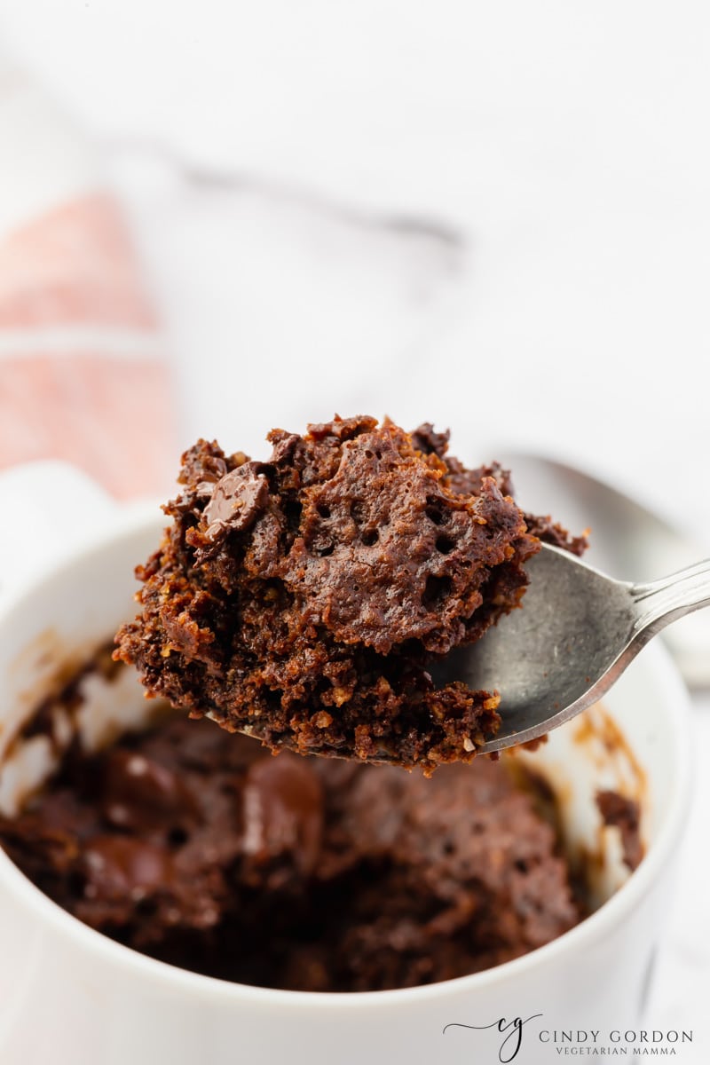 a spoon holding up a bite of chocolate protein mug cake to show the light and fluffy texture. 