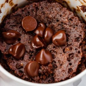 Closeup view of a chocolate protein microwave mug cake