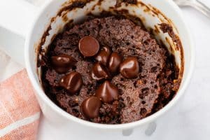 Closeup view of a chocolate protein microwave mug cake