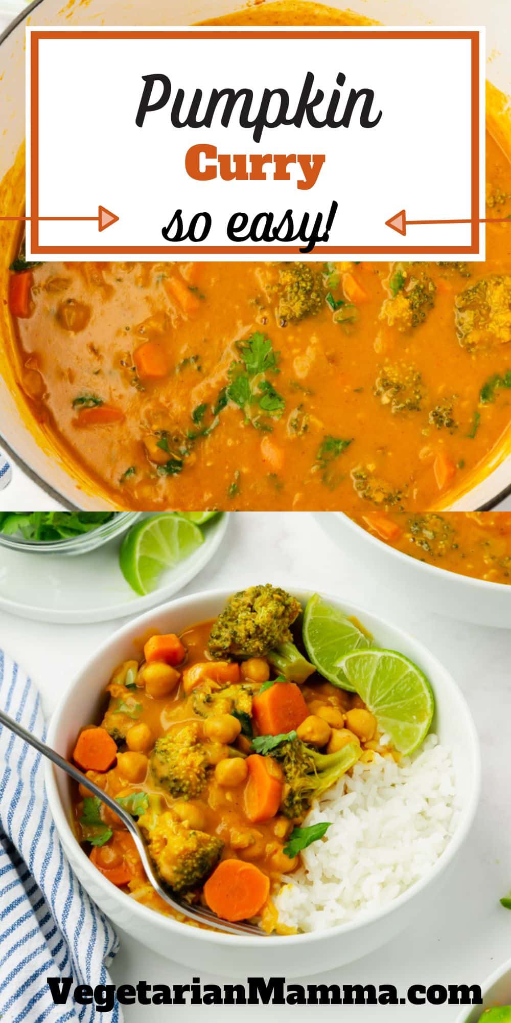 Vegan and gluten-free Pumpkin Curry is a simple and satisfying meal filled with healthy vegetables, and beans, blended with warm spices and creamy coconut milk. Make the whole meal in one pot, and get ready for compliments from your family!