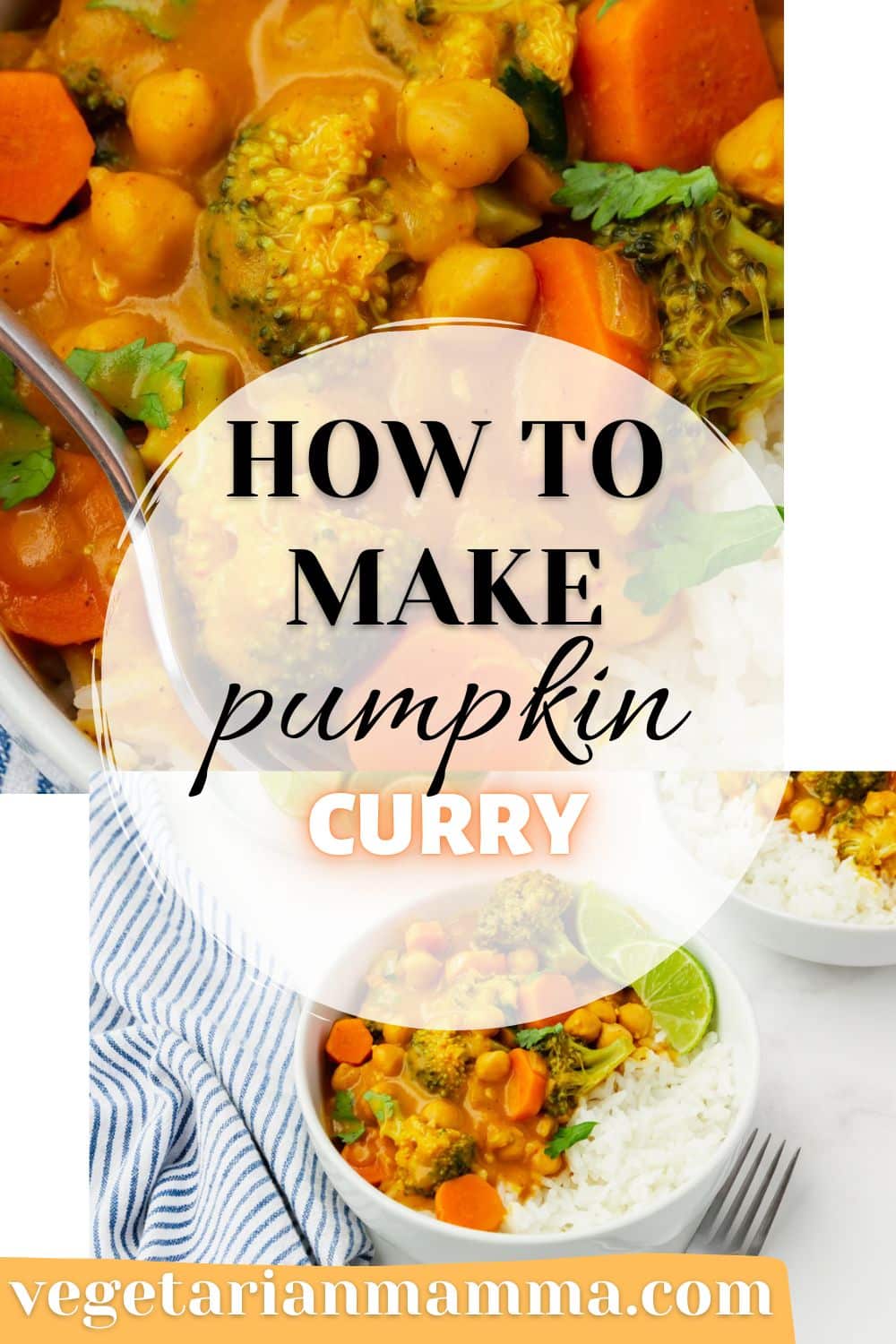 Vegan and gluten-free Pumpkin Curry is a simple and satisfying meal filled with healthy vegetables, and beans, blended with warm spices and creamy coconut milk. Make the whole meal in one pot, and get ready for compliments from your family!