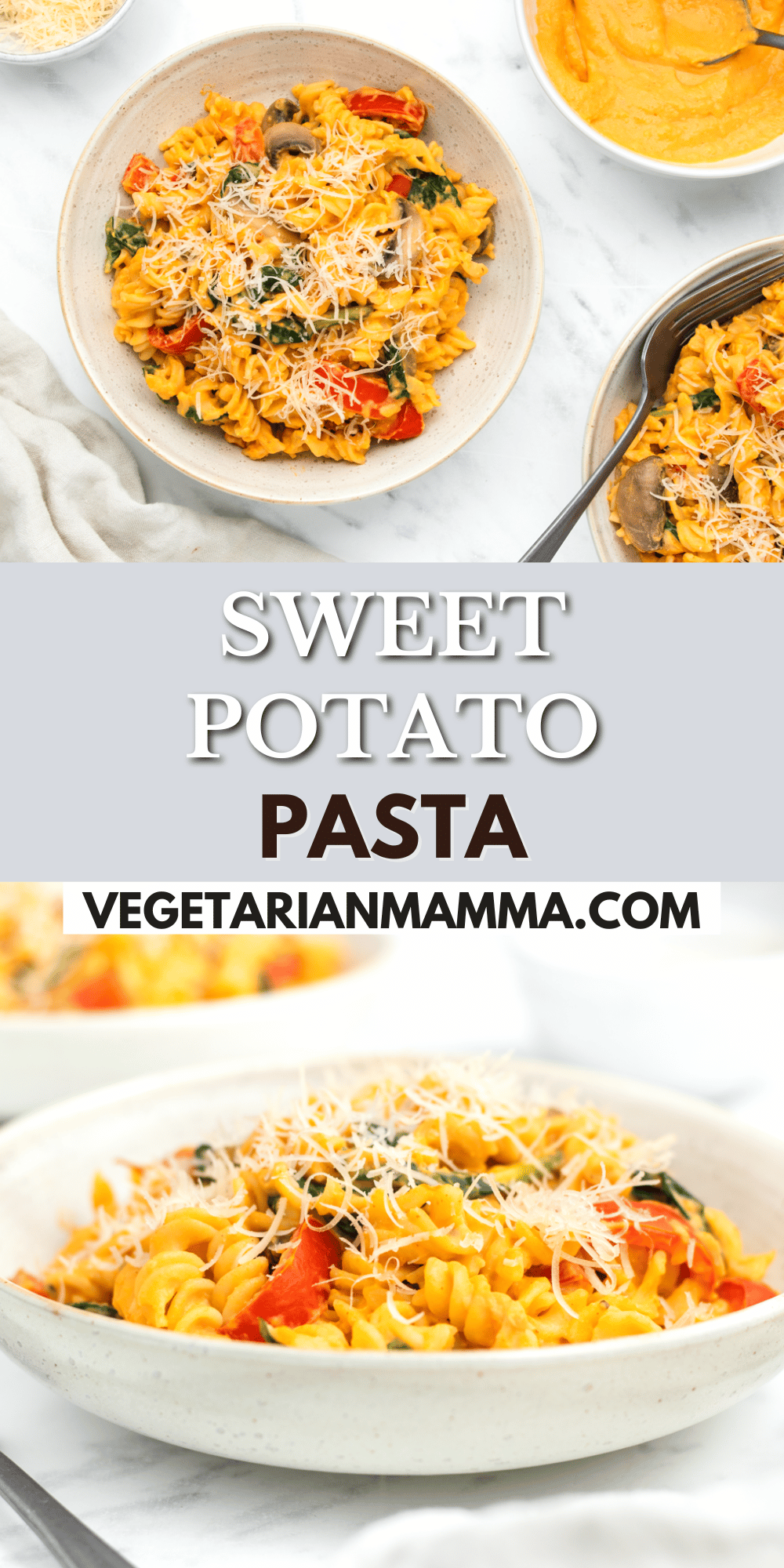 This healthy sweet potato pasta is completely delicious and super simple to make! Packed with veggies both in the dish, and blended into the sauce, it's a nutritious meal that the whole family will devour.